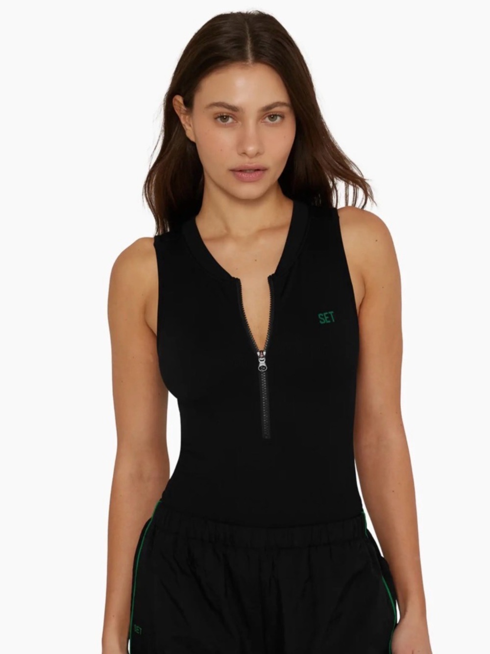 Black Sleeveless Zip-Front Athletic body suit